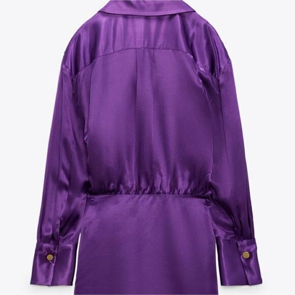 Zara Purple Satin Effect Wrap Dress Long Sleeve Collar Slip Dress Small - Picture 6 of 11